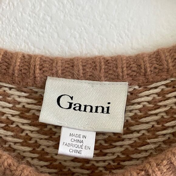 Ganni Tan Chevron Crew Neck Wool Sweater - Picture 2 of 7
